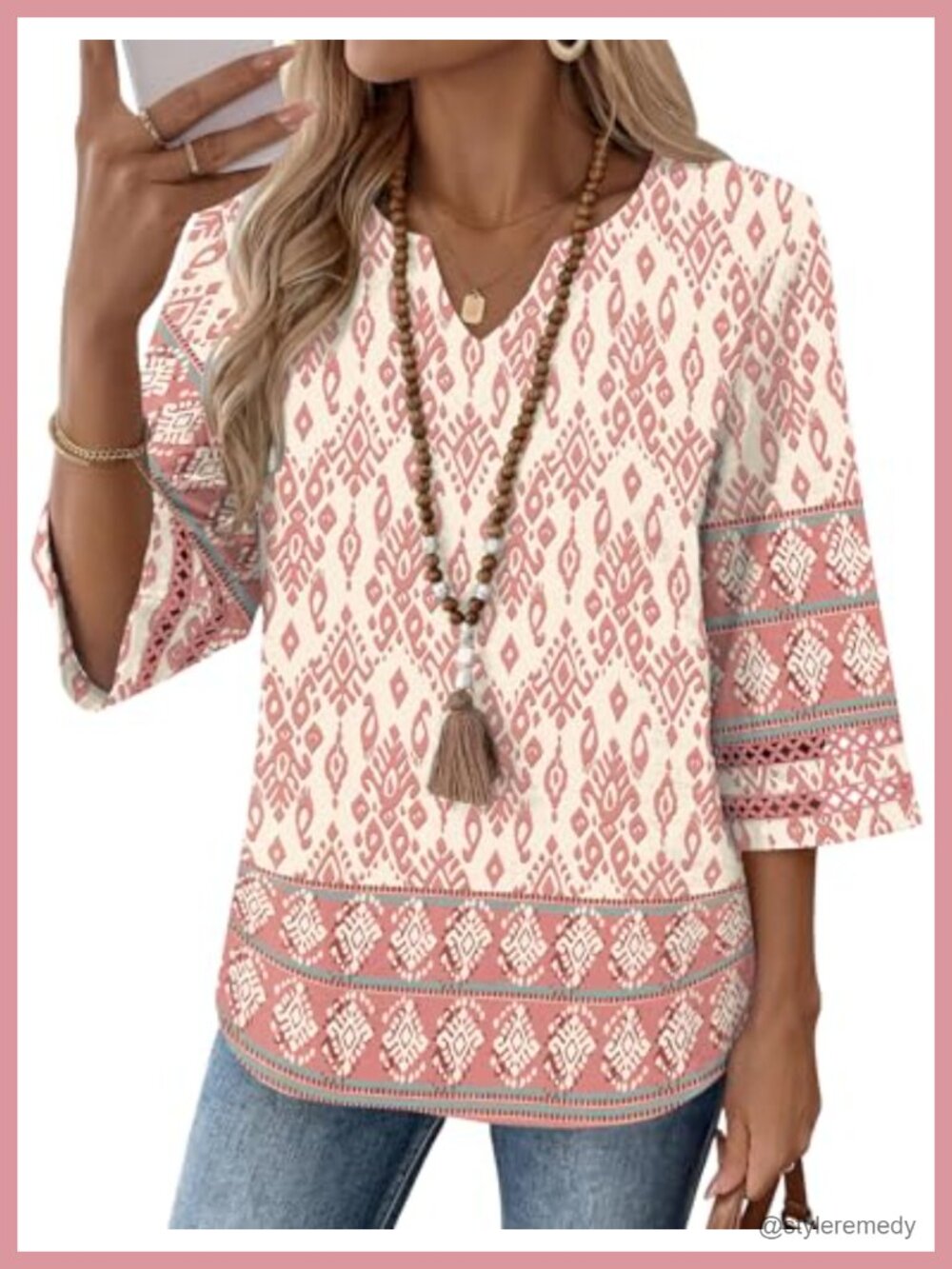 Womens 3/4 Sleeve V Neck Boho Blouse Loose Fit Tunic Top